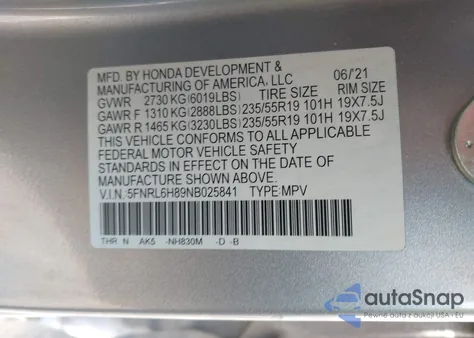 2022 Honda Odyssey Touring из США, поврежденный, VIN 5FNRL6H89NB025841